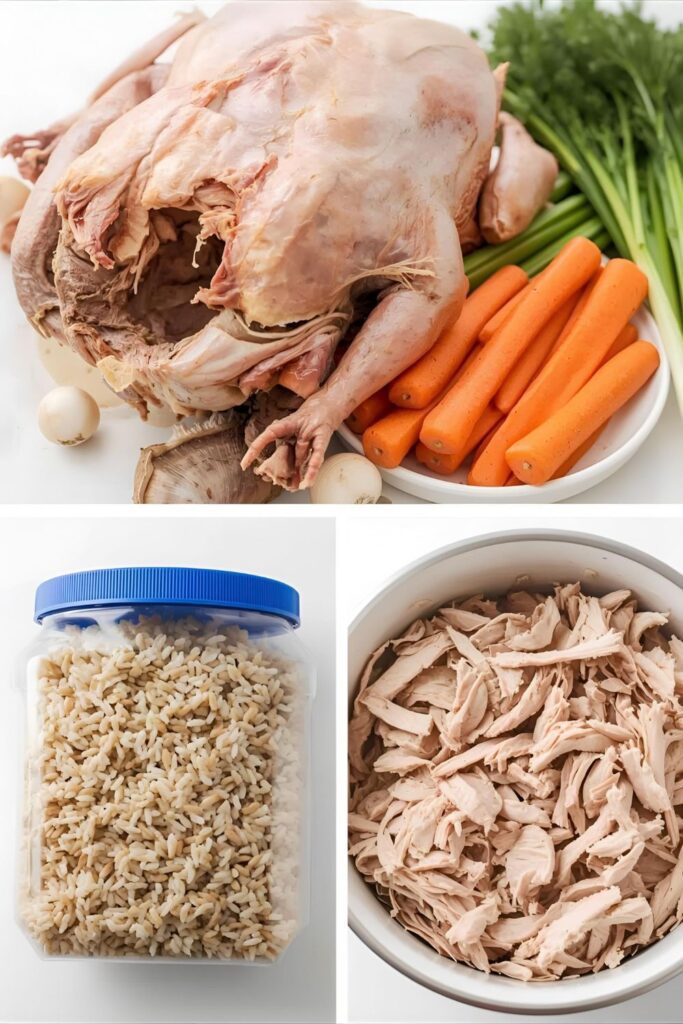A collage of the key ingredients for the leftover turkey soup, including turkey bones, vegetables, wild rice, and cooked turkey.