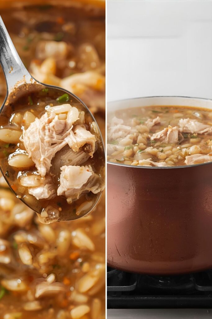A side-by-side image showing a close-up of a spoonful of turkey soup and a full view of the soup in a large pot.