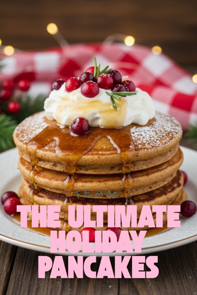 A recipe pin for holiday pancakes showing a stack of gingerbread pancakes with festive toppings.