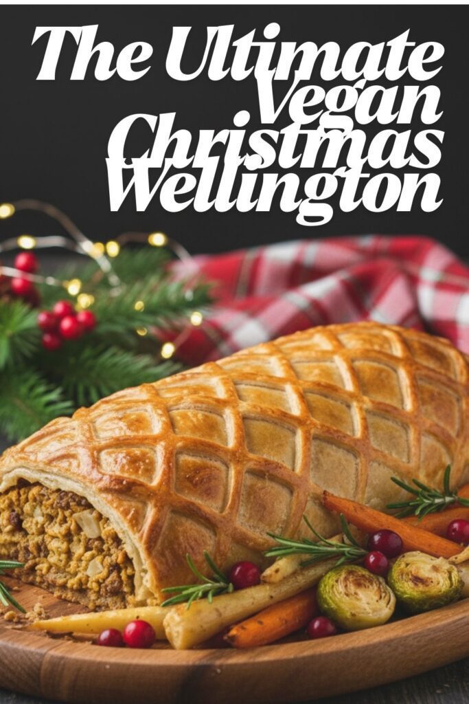 A recipe card for a vegan Christmas wellington, showing the golden-baked loaf on a platter.