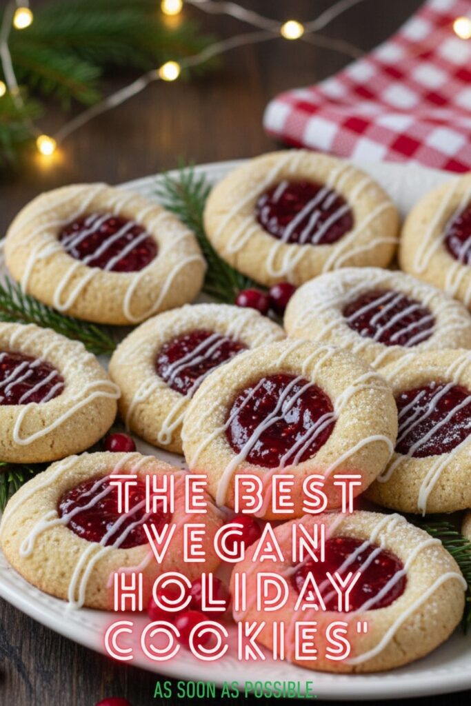 A recipe pin for vegan holiday cookies, showing a platter of jam-filled thumbprint cookies.