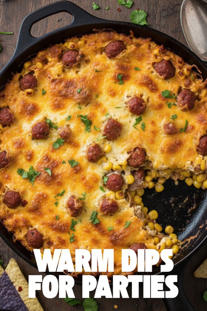 A vibrant, festive overhead shot of a bubbling hot dip in a baking dish, surrounded by tortilla chips, with the text "Warm Dips for Parties" in a bold, inviting font.