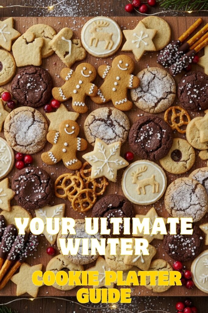 A beautifully arranged winter cookie platter overflowing with various festive cookies and treats on a rustic table.