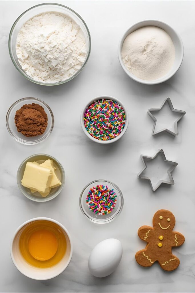  A flat lay of assorted cookie ingredients for a winter cookie platter: flour, butter, sugar, cocoa powder, sprinkles, and cookie cutters.