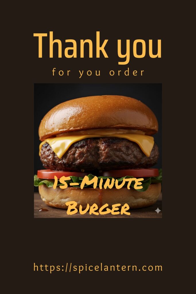 Close-up of a juicy, cheesy, seared burger on a toasted bun with fresh toppings, ready for text overlay "15-Minute Burger")