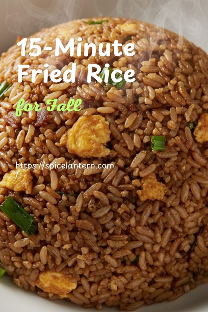 Bowl of glossy, dark fried rice with visible egg and scallions, showing separated grains, ready for text overlay "15-Minute Fried Rice")