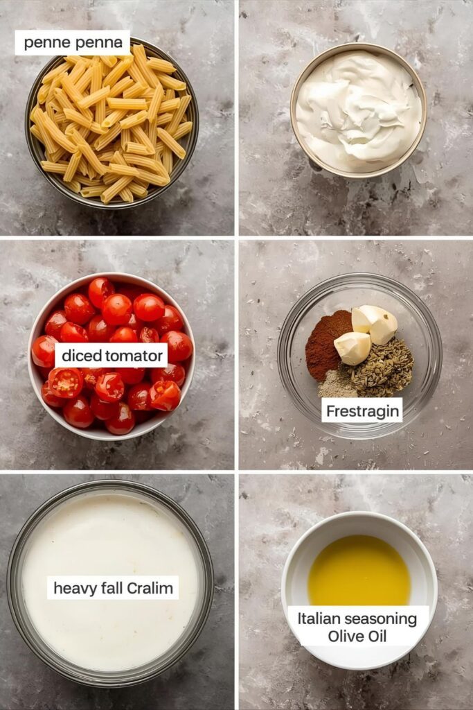 A clean flat lay collage showing the raw ingredients: penne pasta, canned diced tomatoes, heavy cream, fresh garlic, Italian seasoning, and olive oil, arranged on a rustic table.