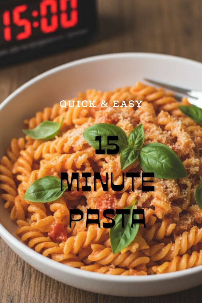 A vibrant bowl of creamy tomato pasta, garnished with fresh basil and Parmesan cheese, with a clock showing 15:00 in the background. The text "15-minute pasta" is overlaid.