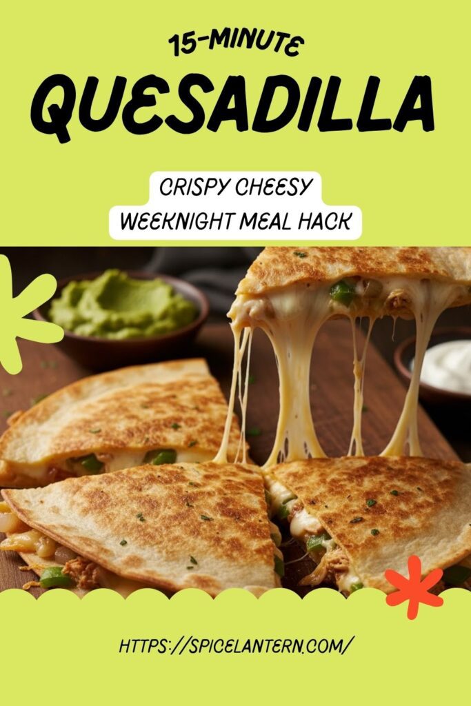 Close-up of a crispy quesadilla wedge being pulled apart, showing the long, melted cheese pull, ready for text overlay "15-Minute Quesadilla")