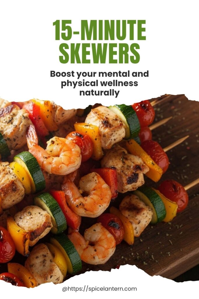 Colorful grilled chicken and vegetable skewers piled on a wooden board, ready for text overlay "15-Minute Skewers")