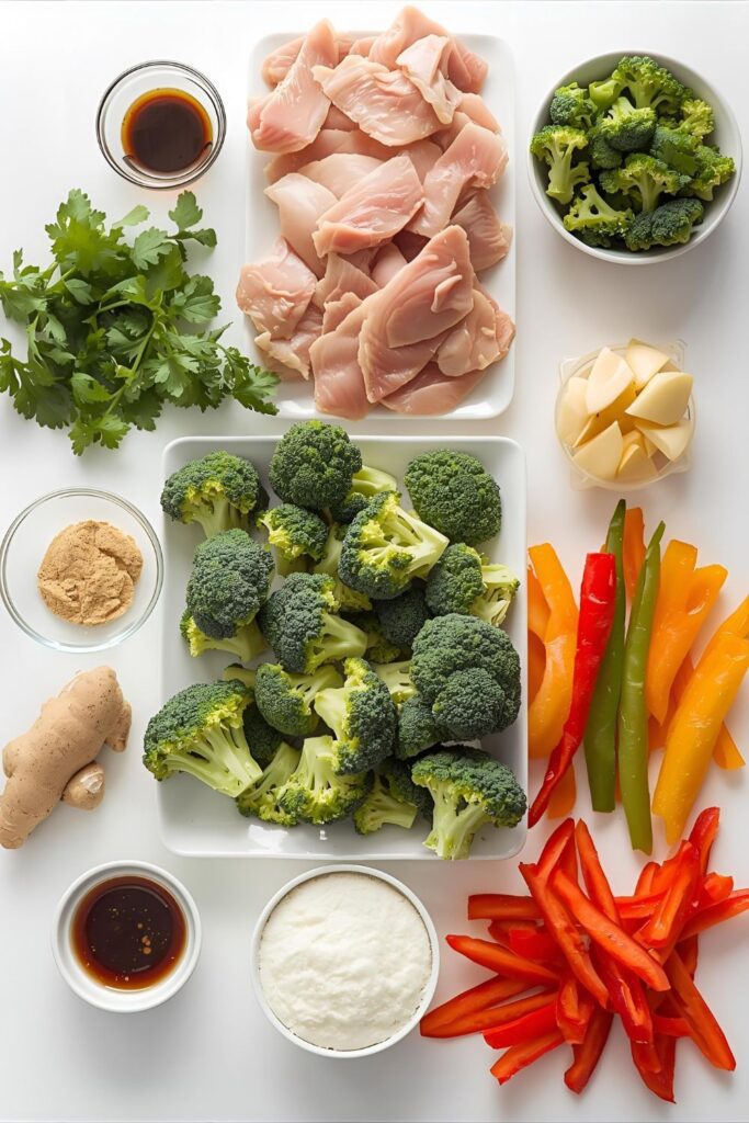 A clean flat lay collage showing raw ingredients: sliced chicken breast, broccoli florets, bell pepper strips, minced garlic and ginger, and small bowls of soy sauce, brown sugar, and cornstarch, arranged on a light background.