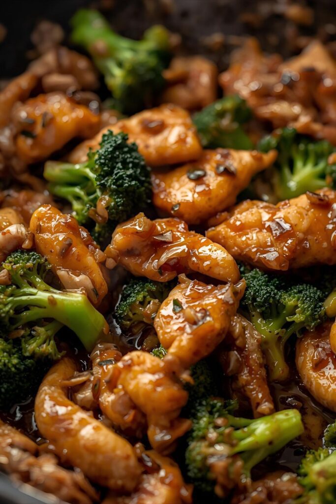 An extreme close-up shot focusing on the glossy, savory sauce coating the tender-crisp vegetables and chicken in the stir fry, showing individual textures.
