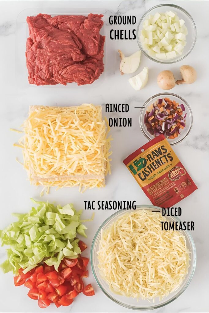 A clean flat lay collage showing raw ingredients: ground beef, taco shells, diced onion, minced garlic, a packet of taco seasoning, shredded lettuce, cheese, and tomatoes, arranged on a light background