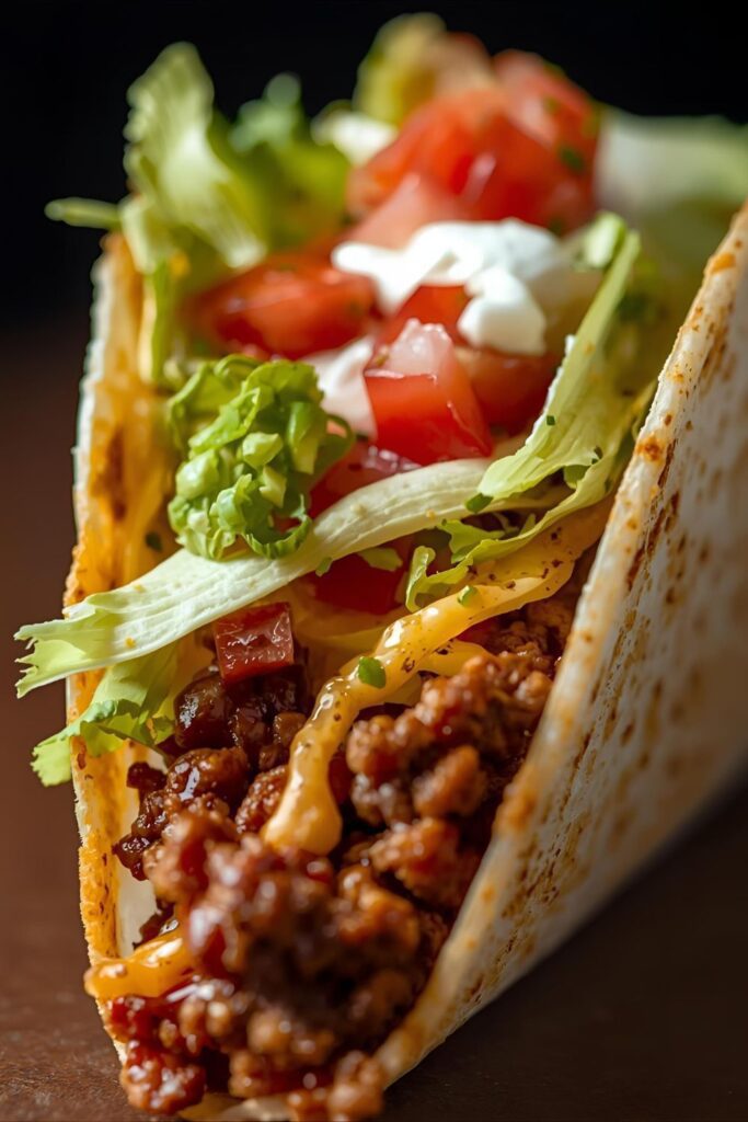 An extreme close-up shot focusing on the abundant filling and fresh toppings inside a fully loaded 15-minute taco, highlighting textures and colors