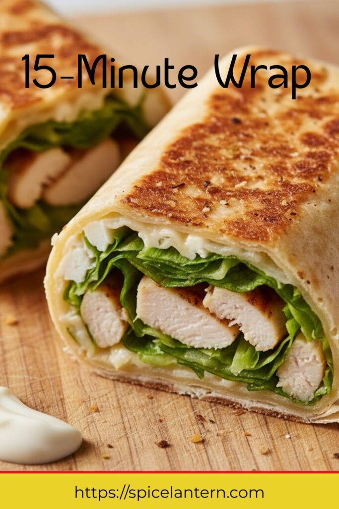 Close-up of a pan-seared, diagonally sliced wrap showing neat filling layers and a crispy exterior, ready for text overlay "15-Minute Wrap")