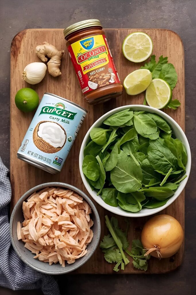 Flat lay photo of quick curry ingredients: coconut milk, red curry paste, chicken, spinach, lime, ginger, garlic, and onion.