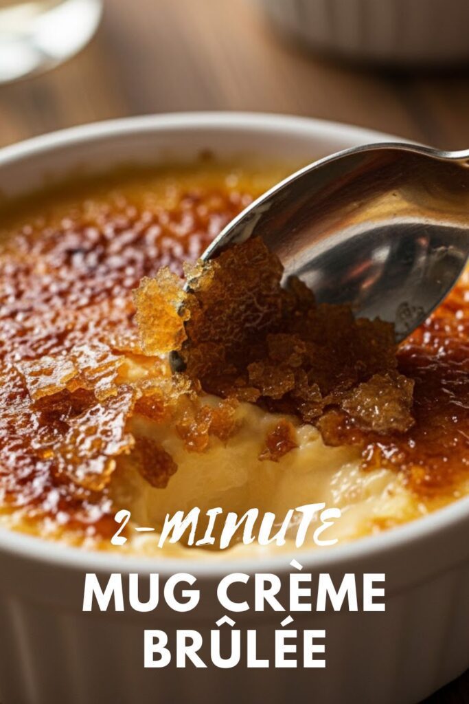 A spoon cracking the caramelized sugar top of a mug crème brûlée, with the title "2-MINUTE MUG CRÈME BRÛLÉE" overlaid.