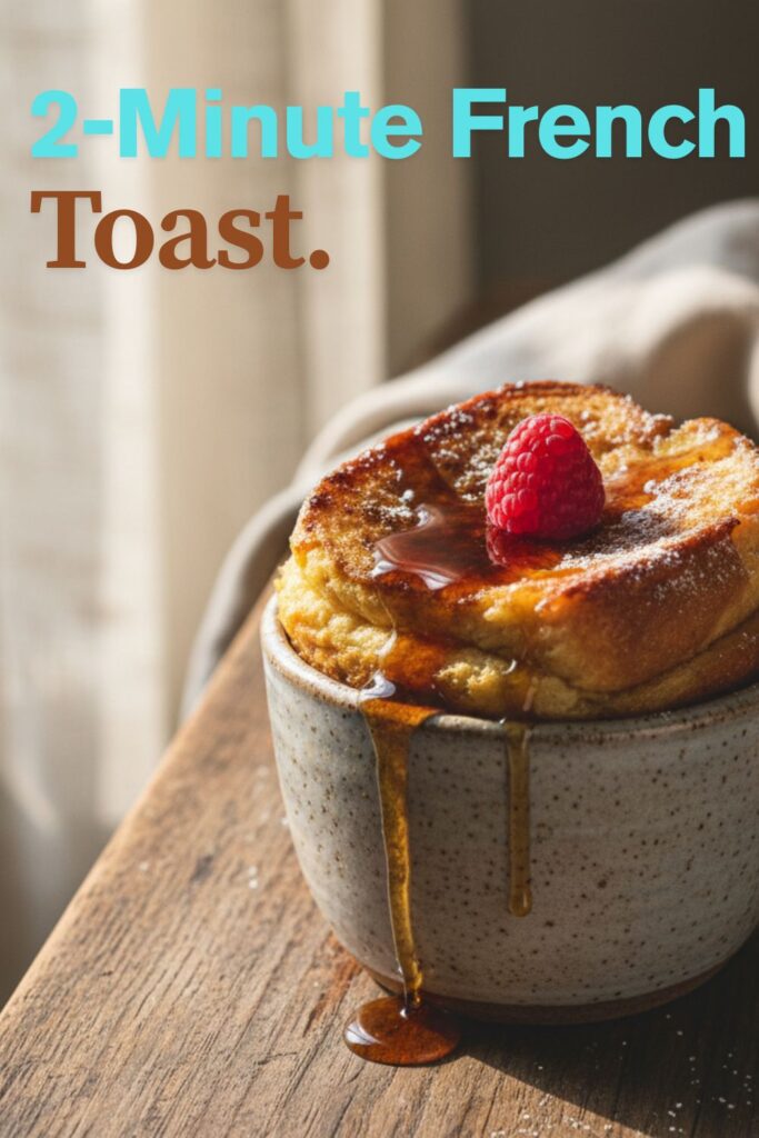 A delicious mug of French toast topped with syrup and a raspberry, with a text overlay that reads "2-Minute French Toast."