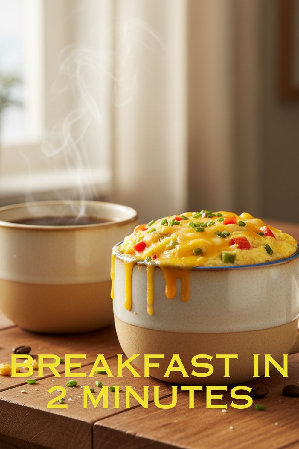 A fluffy mug omelette overflowing with cheese and veggies in a cozy mug, next to a cup of coffee, with text overlay reading "Breakfast in 2 Minutes."