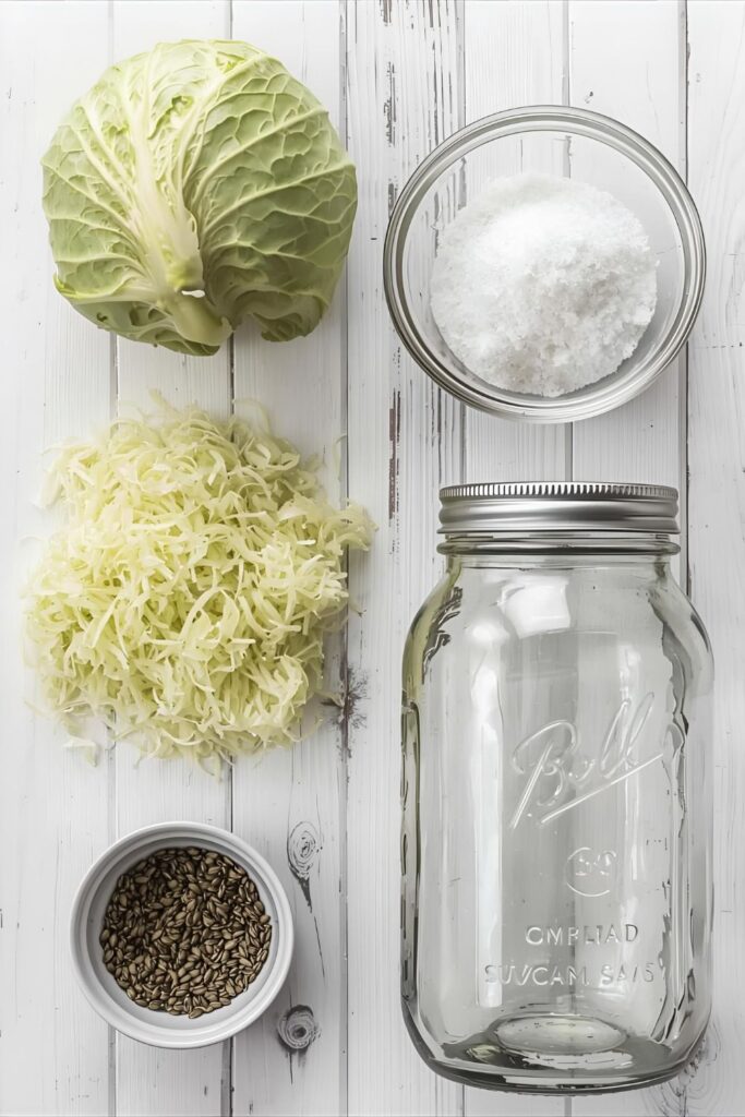A clean flat lay collage showing a head of green cabbage, kosher salt, caraway seeds, and a glass Mason jar, arranged on a rustic wooden table
