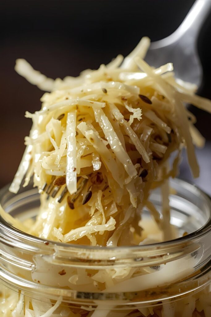 An extreme close-up shot focusing on the crisp, thin shreds of the finished 24-hour sauerkraut, showing its moist texture and visible spices.
