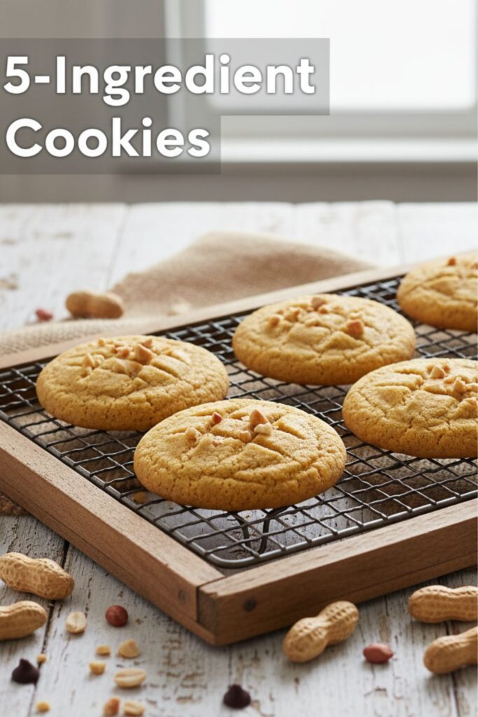 A flat lay of the five ingredients for peanut butter cookies: a jar of peanut butter, a bowl of sugar, a brown egg, vanilla extract, and a pile of chocolate chips on a marble countertop.