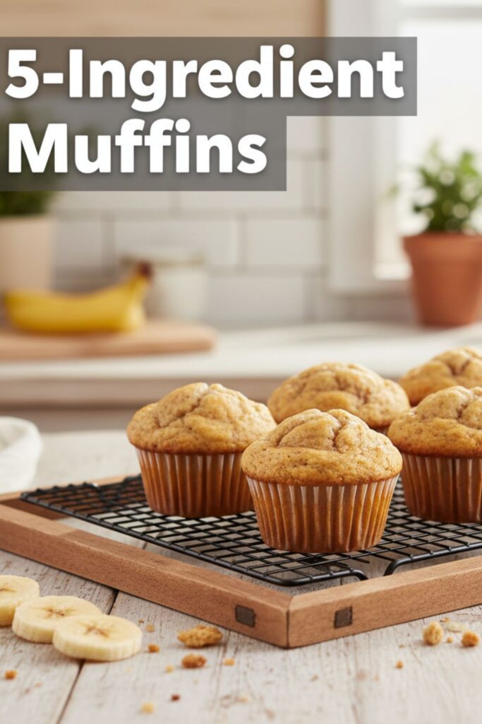A bright, beautiful photo of golden-brown banana muffins cooling on a wire rack with a blurred kitchen background. Text overlay: "5-Ingredient Muffins."