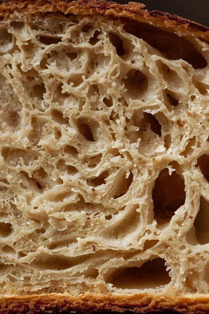 A close-up macro shot of a slice of no-knead bread, showing the airy, open crumb structure and the thick, crunchy crust.