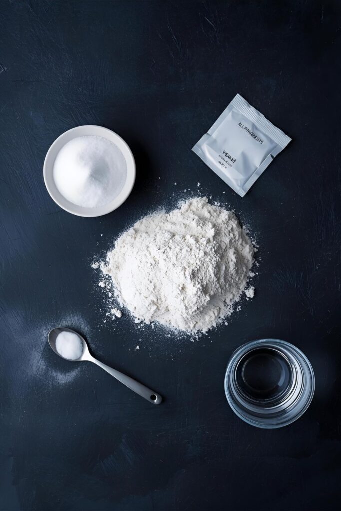 A flat lay of the 5 ingredients for no-knead bread: a pile of flour, a small bowl of salt, a packet of yeast, sugar, and a glass of water.