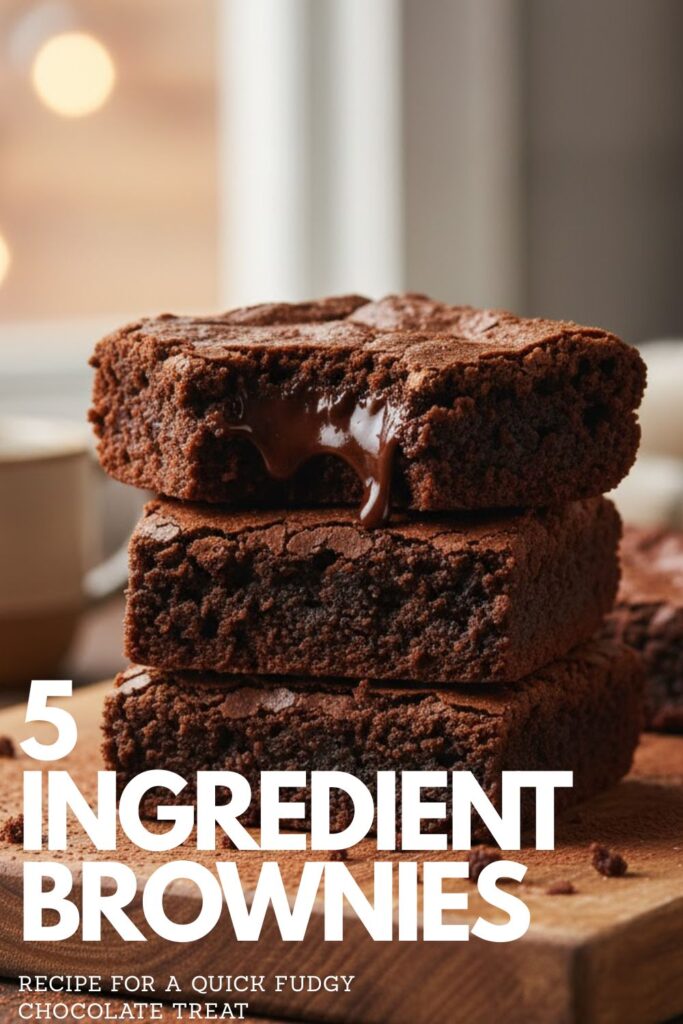 A stack of fudgy 5-ingredient brownies on a wooden board with the title "5-INGREDIENT BROWNIES" overlaid.