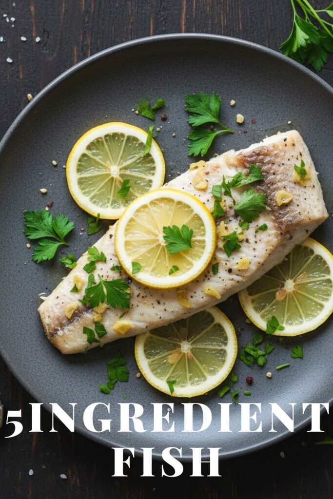 A perfectly baked 5-ingredient fish fillet with lemon and parsley on a dark plate, with the title "5-Ingredient Fish" overlaid.