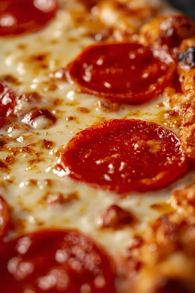 A close-up macro shot showing the bubbly, melted cheese and crispy pepperoni on the 5-ingredient pizza.