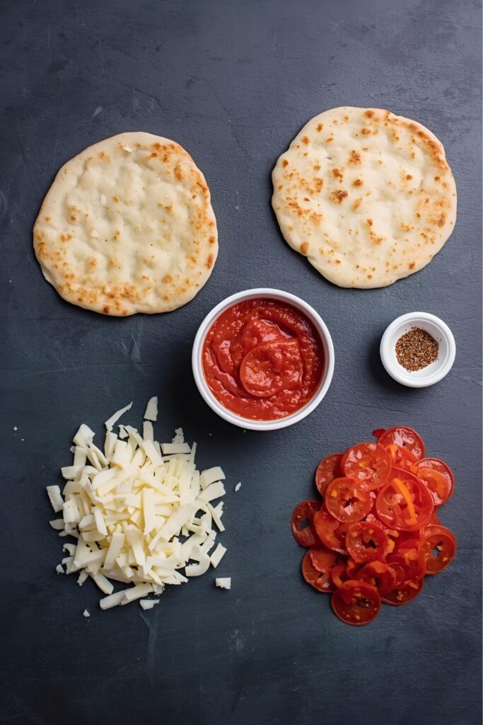 A flat lay collage of the five ingredients for the pizza: naan bread, sauce, mozzarella, pepperoni, and seasoning.