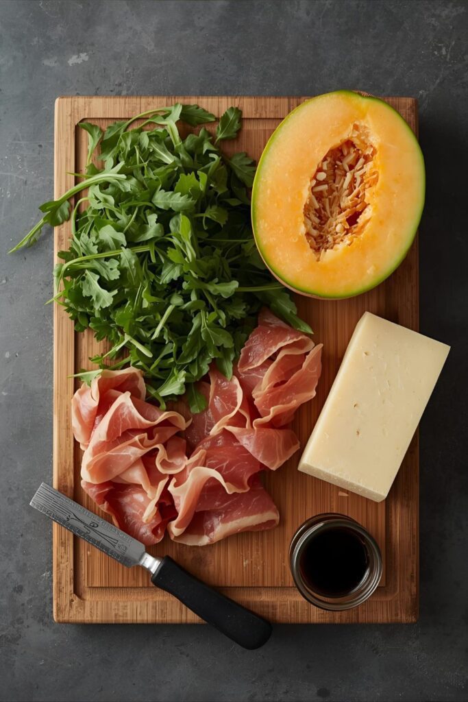 A collage of the five fresh ingredients for an arugula, prosciutto, and melon salad.