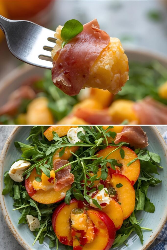 A two-part image showing a close-up bite of the 5-ingredient salad and a variation made with fresh peaches.