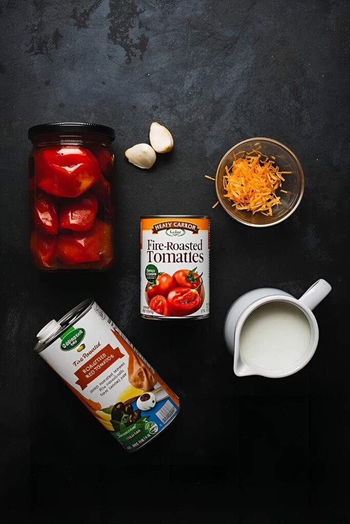 A flat lay of the 5 core ingredients for the soup, including roasted red peppers, tomatoes, broth, garlic, and cream, on a dark background.