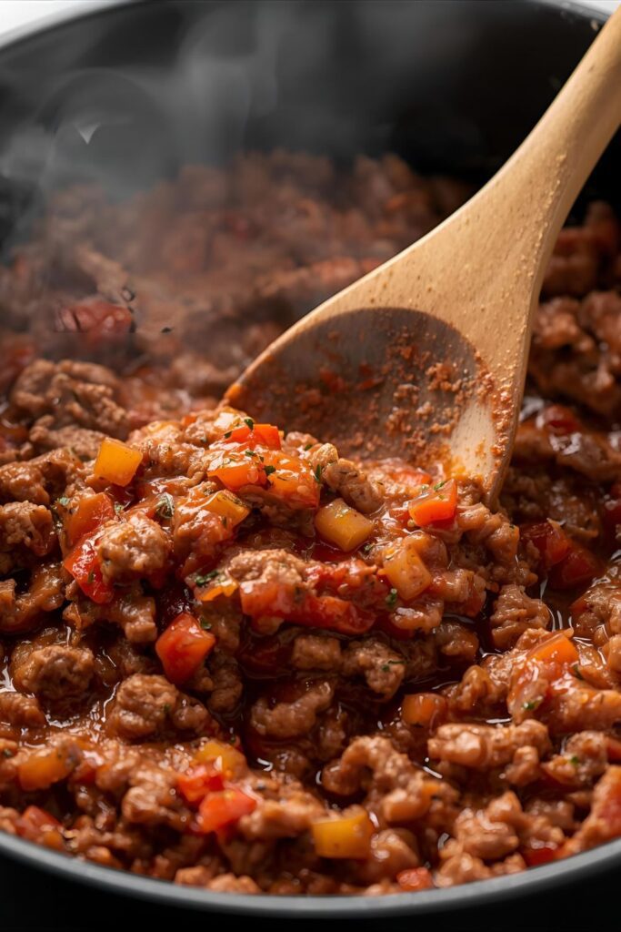 A close-up action shot of seasoned ground beef and salsa simmering in a cast-iron skillet for the 5-ingredient tacos.