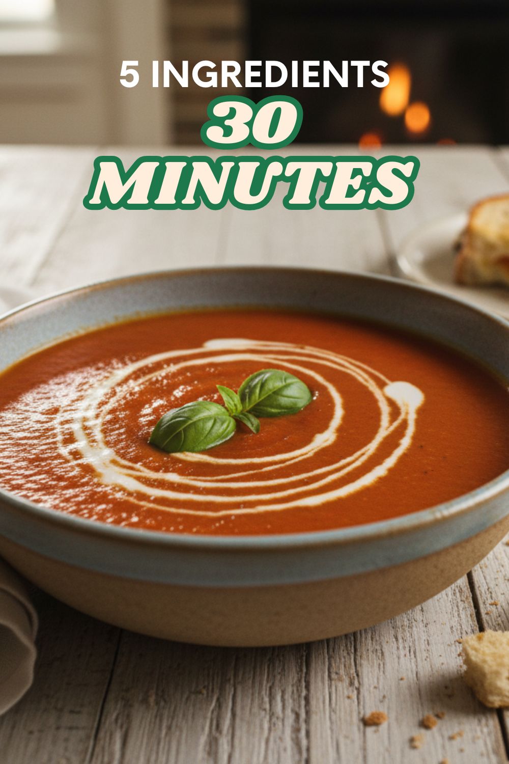 A rustic bowl of creamy roasted red pepper and tomato soup, garnished with cream and basil, with a text overlay that reads "5 Ingredients. 30 Minutes.