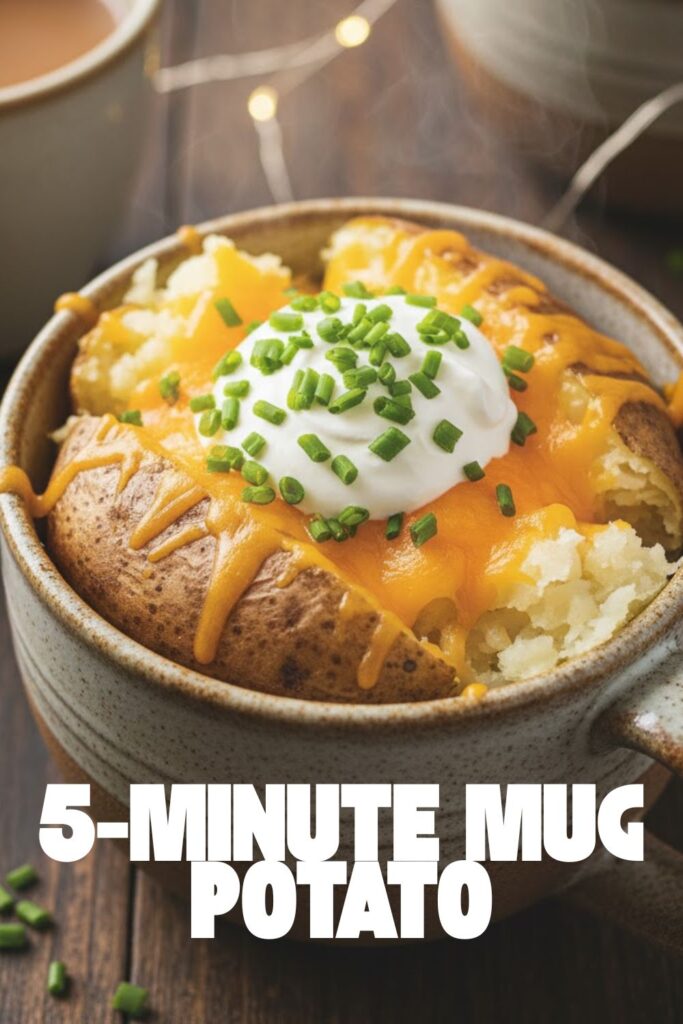 A delicious-looking loaded mug potato with cheese and sour cream, with the title "5-MINUTE MUG POTATO" overlaid.