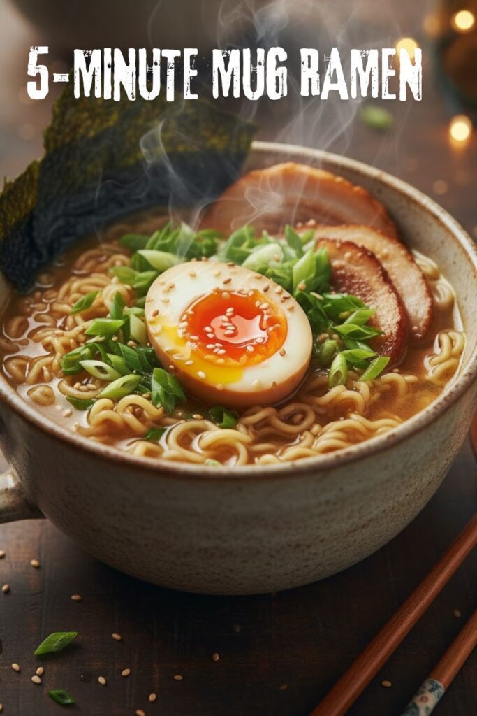 A delicious-looking mug of ramen with a perfectly cooked egg and green onions, with the title "5-MINUTE MUG RAMEN" overlaid.