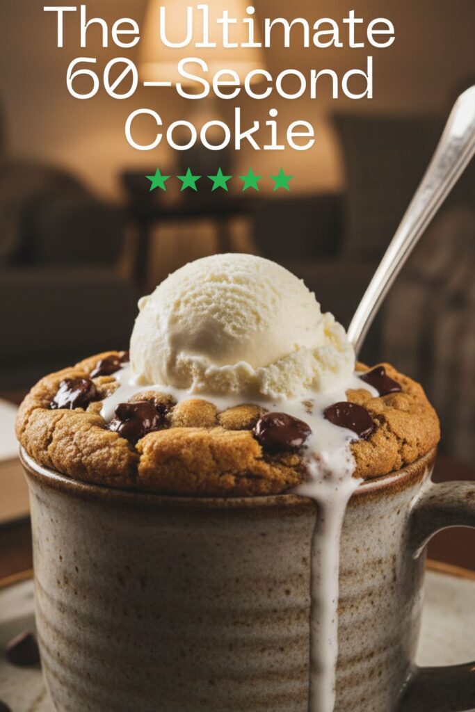 A delicious warm mug cookie topped with melting vanilla ice cream, with a text overlay that reads "The Ultimate 60-Second Cookie."