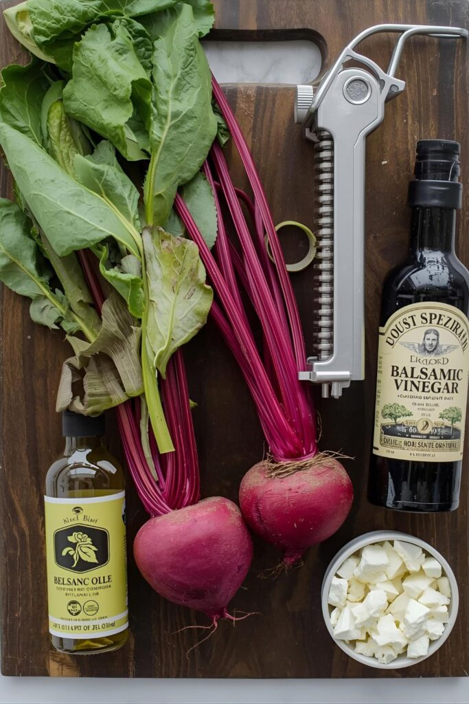 A collage of beet spirals ingredients: peeled beets, spiralizer, olive oil, balsamic vinegar, and goat cheese.)