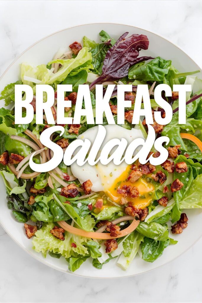 A vibrant, close-up image of a fresh breakfast salad with various greens, a perfectly poached egg, avocado, tomatoes, and bacon, with the text overlay "Breakfast Salads" in a stylish font