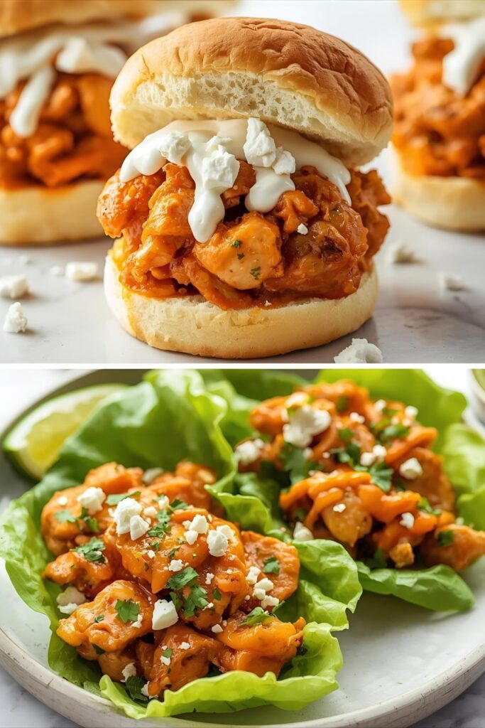 Two separate, beautifully plated buffalo chicken variants. One is a close-up of buffalo chicken sliders, and the other is a wider shot of buffalo chicken served in a lettuce wrap.