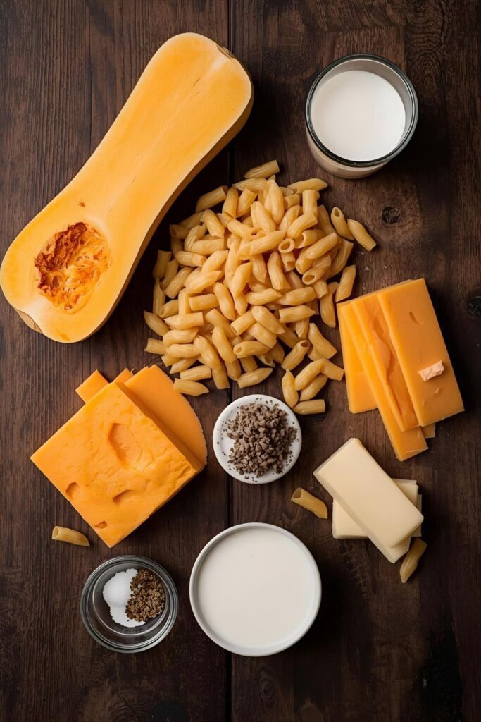 A collage of fresh ingredients for butternut squash mac and cheese: a whole butternut squash, dry elbow macaroni, blocks of sharp cheddar and Gruy&egrave;re cheese, milk, butter, and seasonings, all arranged on a dark, wooden surface with warm lighting.