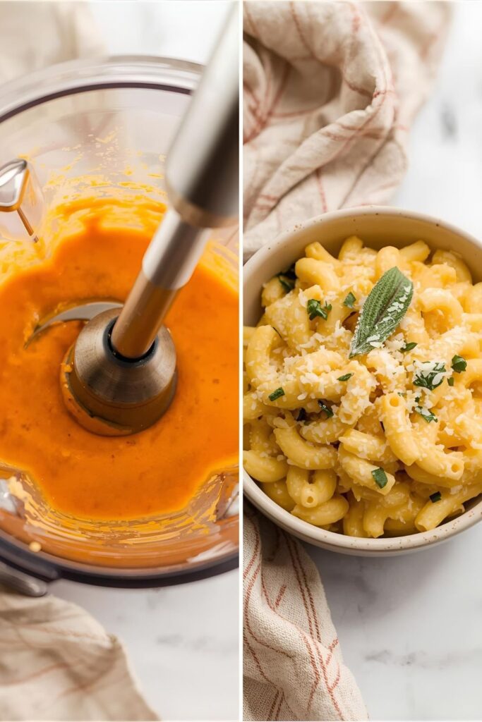 Two distinct images: one showing a close-up of the smooth, vibrant orange butternut squash cheese sauce being blended in a blender with an immersion blender. The second image shows a single, cozy bowl of the finished mac and cheese, topped with fresh sage and a sprinkle of Parmesan, ready to eat."