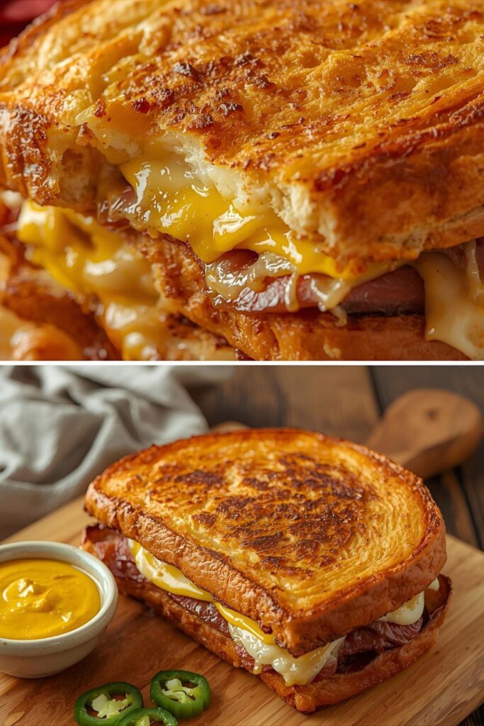 Two separate, beautifully presented Cuban style sandwich variants. One is a close-up of the classic pressed sandwich, and the other is a wider shot of a spicy Cuban sandwich with jalape&ntilde;os.