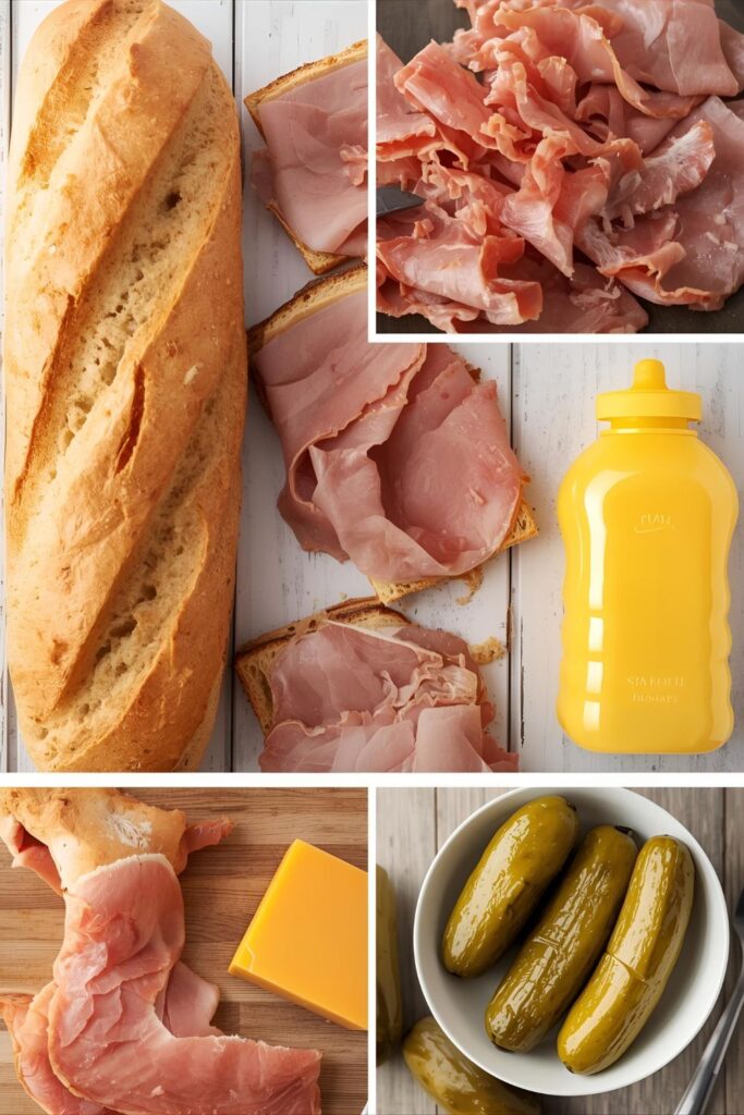 A collage of fresh, raw ingredients for a Cuban sandwich: Cuban bread, roast pork, ham, Swiss cheese, dill pickles, and yellow mustard.