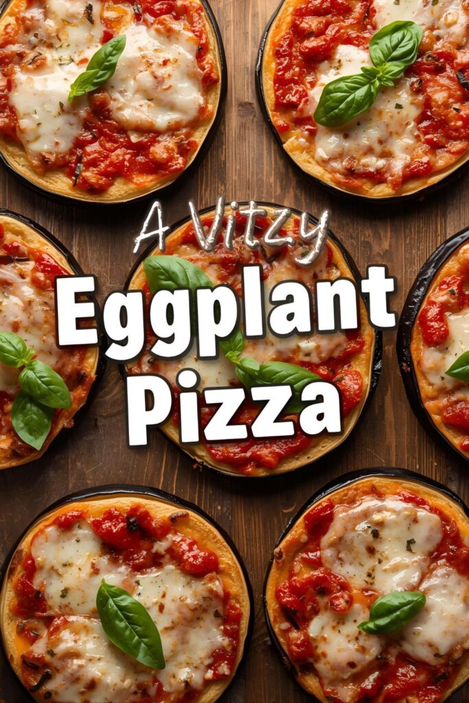 Two separate, beautifully plated variants of eggplant pizza. One is a close-up of the classic Margherita style, and the other is topped with feta, olives, and pesto (Mediterranean style)