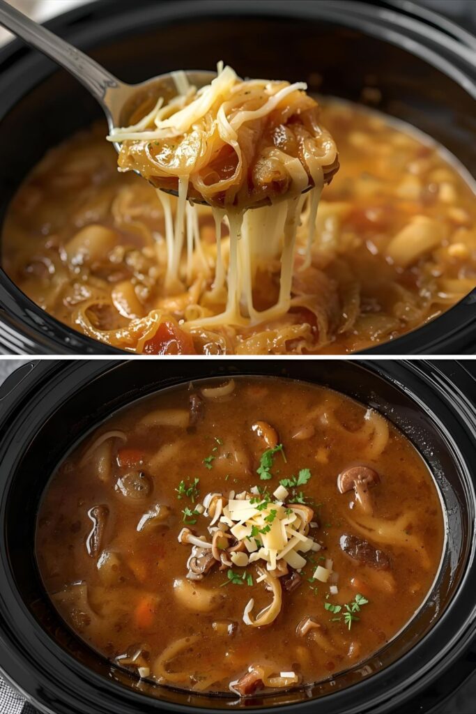 Two separate, beautifully presented French onion soup variants. One is a close-up of the classic cheese topping, and the other is a wider shot of a vegetarian mushroom broth variant